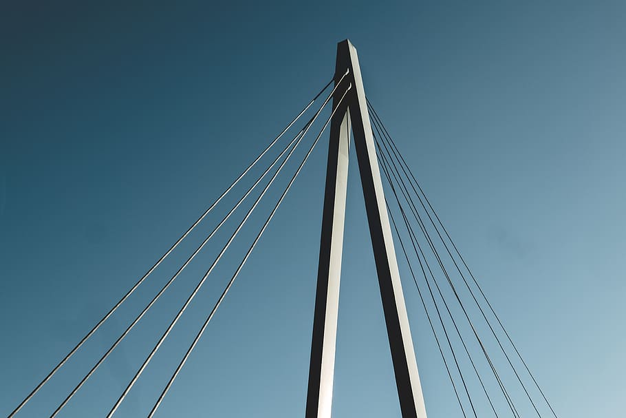 bridge, metal, structure, cables, sky, light, shadow, rust HD wallpaper