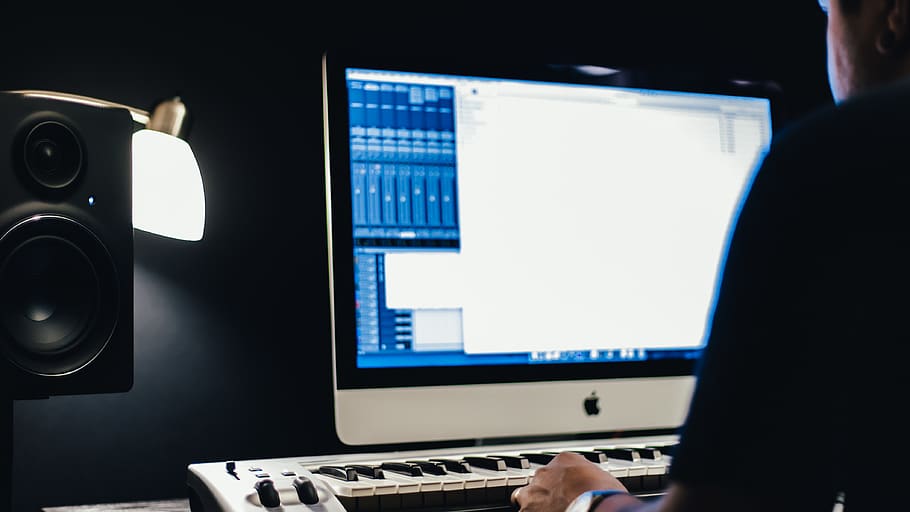 studio, music, speaker, office, desk, keyboard, apple, vsco HD wallpaper