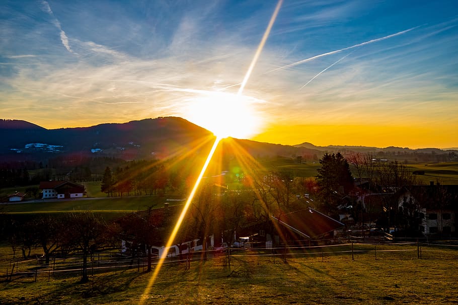 sunset, mountains, light, sky, landscape, mood, nature, dusk HD wallpaper