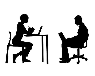 Illustration of two people meeting in an office, with laptops. HD wallpaper