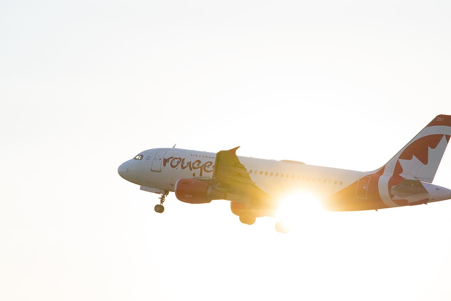 white and orange airplane on air at daytime, sun, sky, nature HD wallpaper