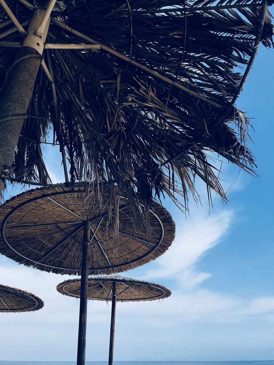 Low Angle Photography of Brown Wicker Umbrella, bay, beach, daylight HD wallpaper