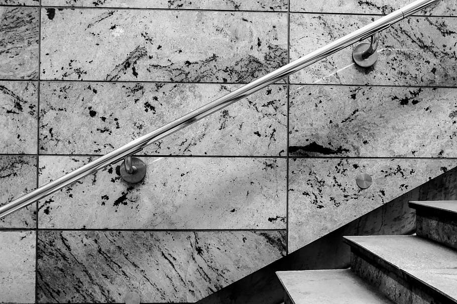 gray marble wall with stainless steel railing at stairs, banister, HD wallpaper