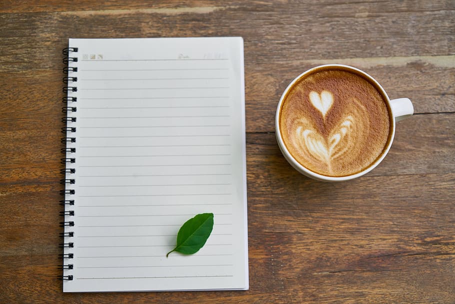 Cappuccino Coffee Beside the Notebook, beverage, blank, blank space HD wallpaper
