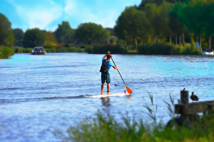 man, supping, paddle, paddleboarding, standing, water, river HD wallpaper