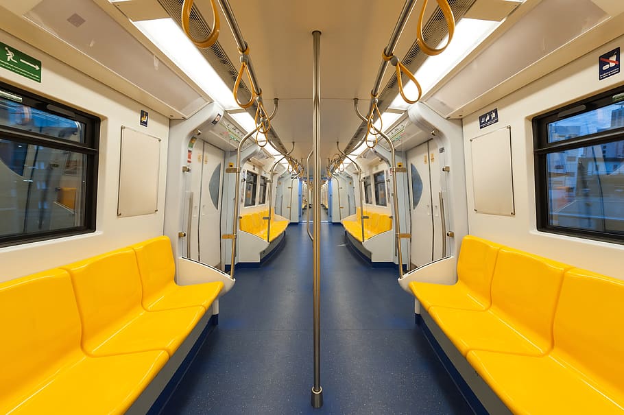 Empty Subway Train, architecture, chairs, city, commuter, contemporary, HD wallpaper