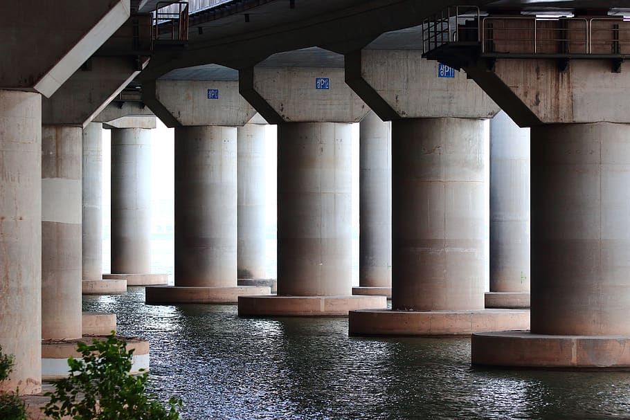 grey, bridge, under, below, by the river, built structure, architectural column HD wallpaper