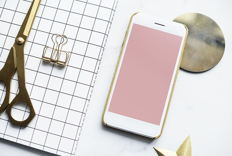 phone, blank, space, pink, paper, gold, bright, empty space, HD wallpaper