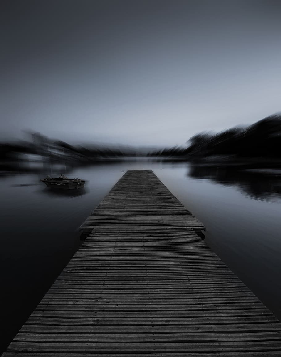 black and white, bridge, pathway, blur, sky, horizon, boat HD wallpaper
