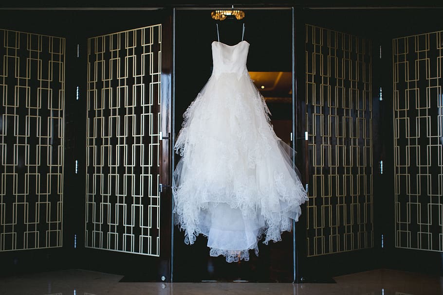Wedding Dress, various, indoors, white color, hanging, fashion HD wallpaper
