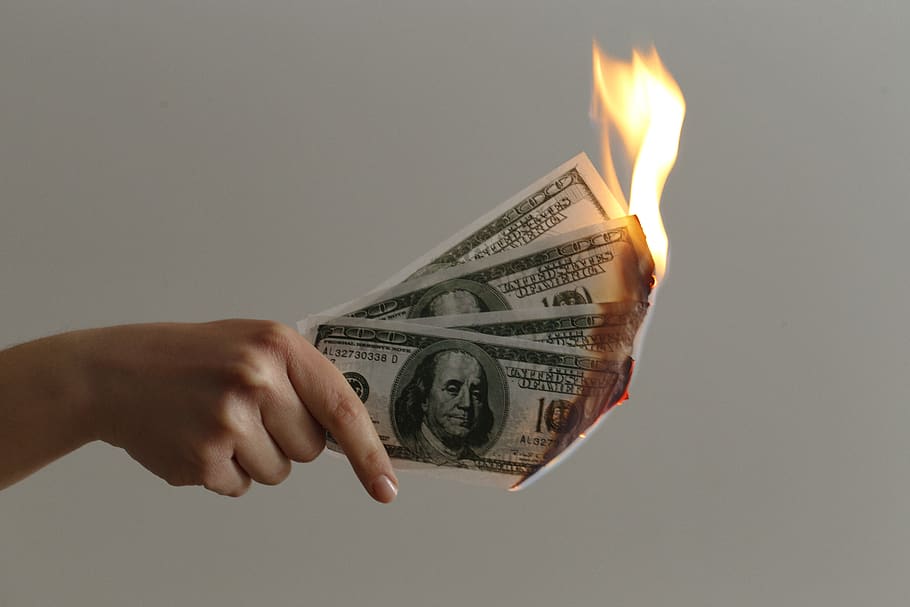 burned 100 US dollar banknotes, person, human, money, fire, candle