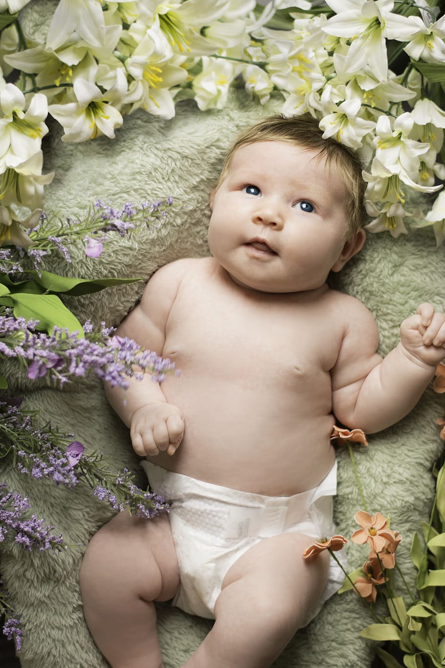 baby on green sleeper with flowers, newborn, person, human, people, HD wallpaper