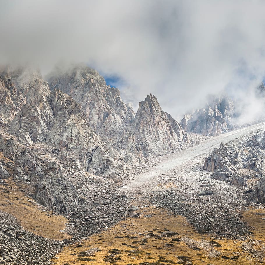 mountain, clouds, sky, travel, nature, adventure, trip, rocks HD wallpaper