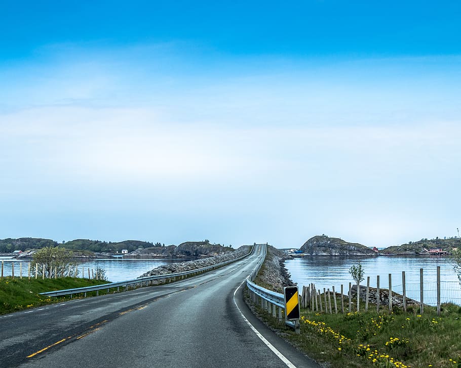 empty road between calm water at daytime, transportation, sky HD wallpaper