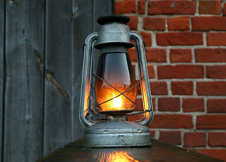 Gray Lantern, antique, brickwall, burnt, close-up, dark, energy, HD wallpaper