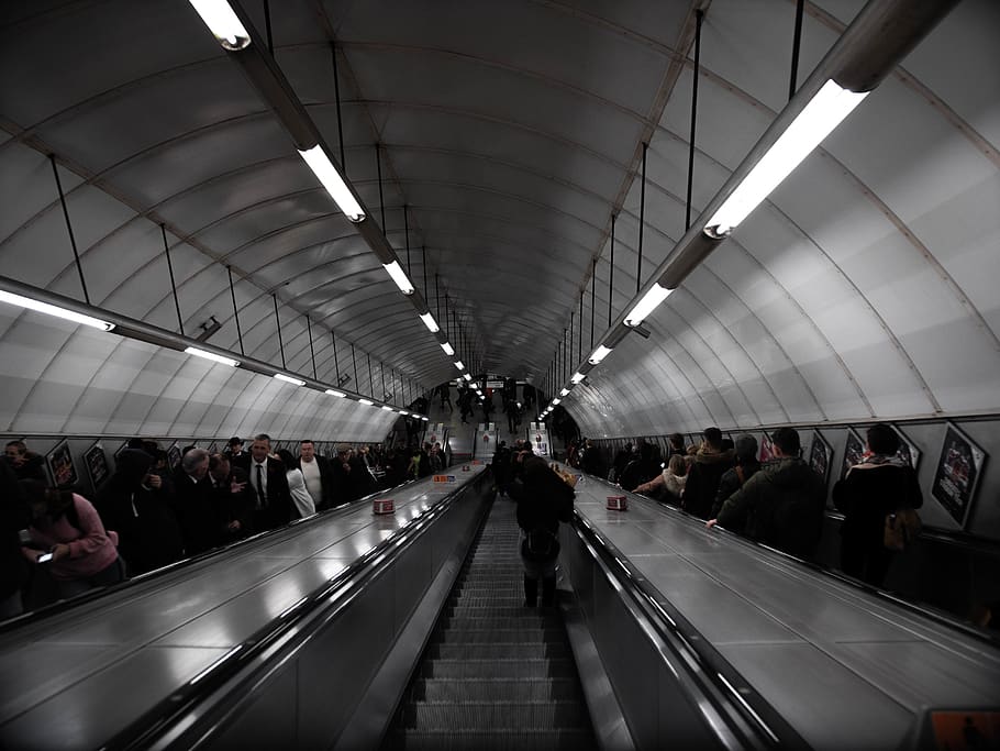 people riding escalator, banister, handrail, person, human, pedestrian HD wallpaper