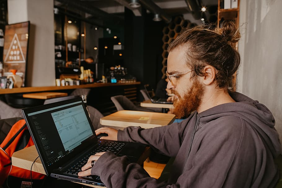 man using black laptop computer, technology, sitting, one person HD wallpaper