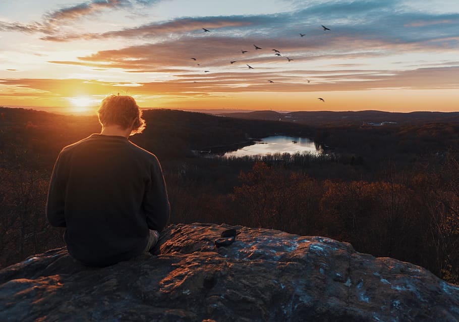 mountains, landscape, birds, sunlight, sunflare, sunset, sunshine HD wallpaper