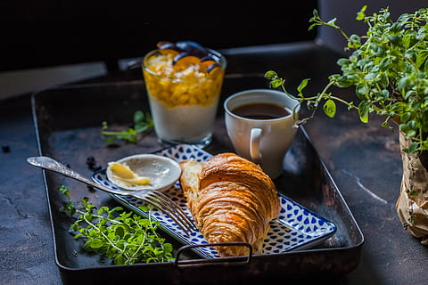 Croissant With Butter, bread, close-up, coffee, cup, delicious HD wallpaper