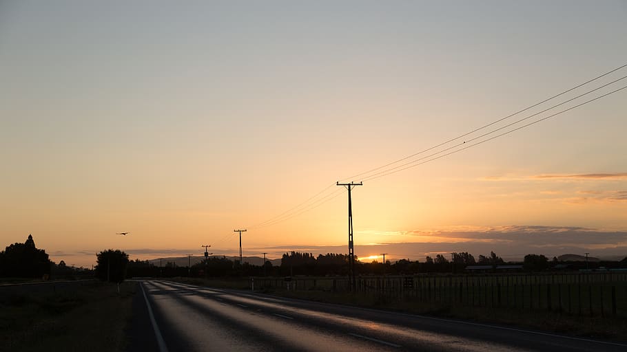 sunset, sky, transportation, cable, road, electricity, nature HD wallpaper