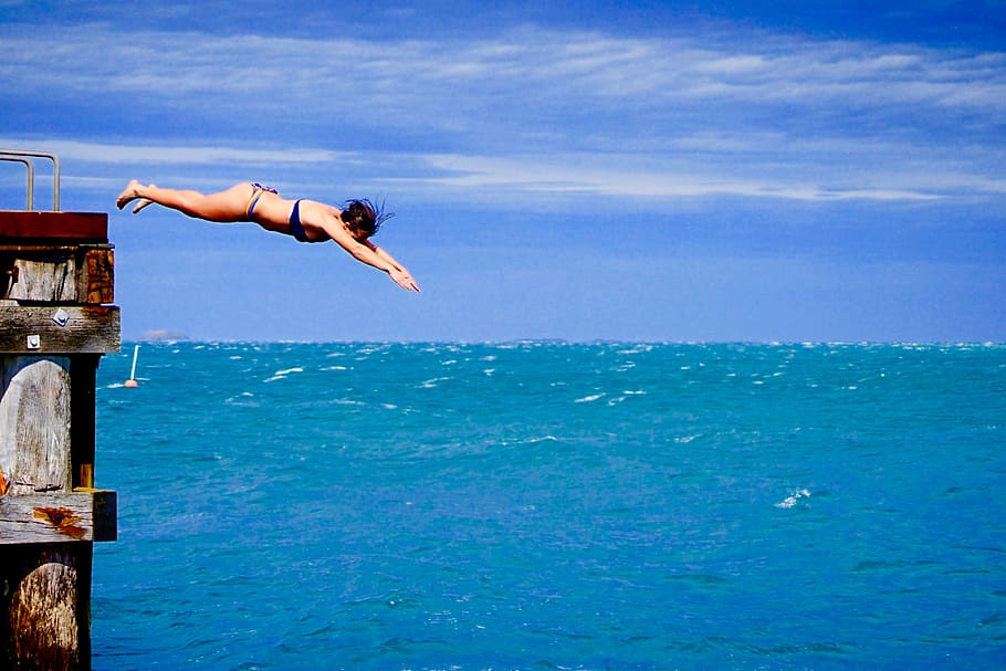 australia, flinders, ocean, diving, pier, water, one person HD wallpaper