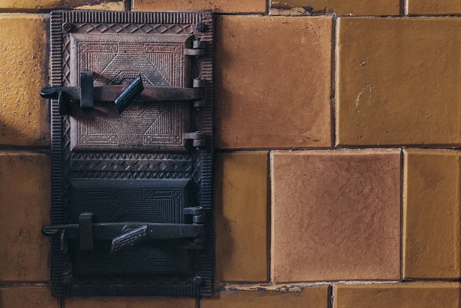 Closed Black Metal Doors, antique, brick wall, bricks, exterior HD wallpaper