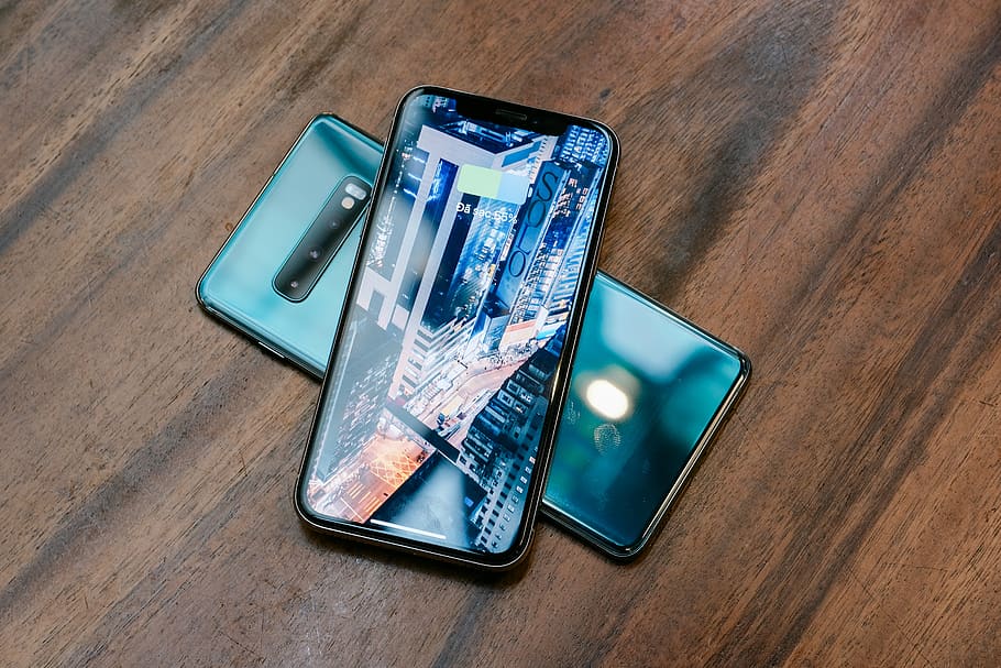 turned-on Android smartphone, smart phone, table, high angle view HD wallpaper