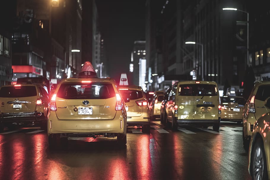 vehicles on road beside buildings during nighttime, cab, car, HD wallpaper