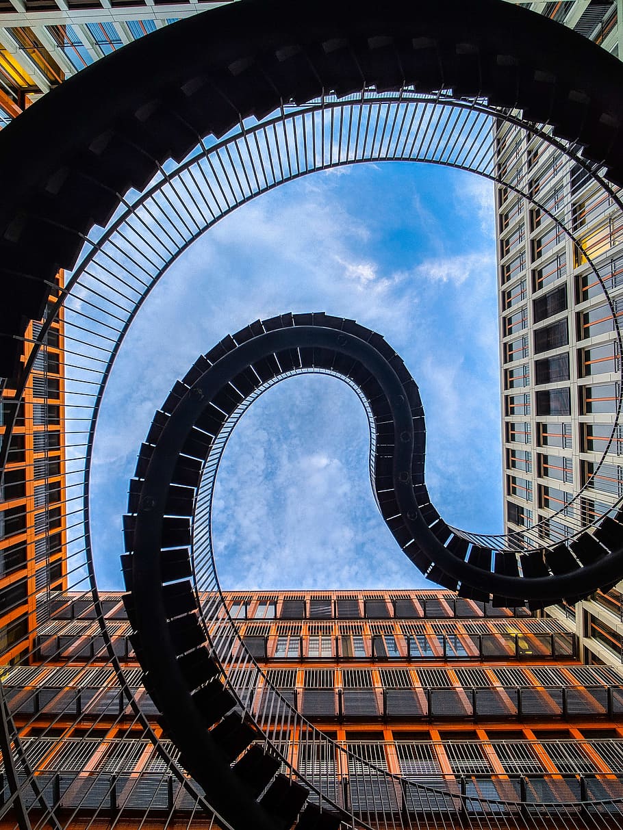 worm's-eye view photography of spiral stairs, building, steps HD wallpaper