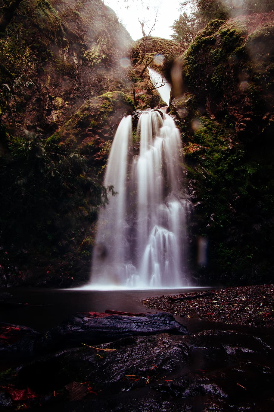 waterfalls under white sky, motion, long exposure, scenics - nature HD wallpaper