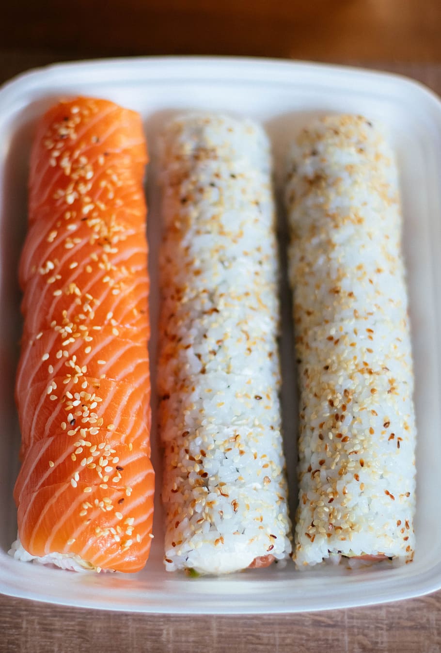 Three Sushi Rolls in White Plastic Container, cuisine, delicious HD wallpaper
