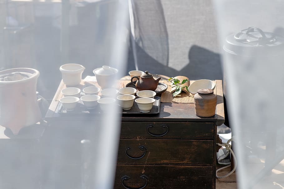 white teacup set, お茶, table, household equipment, still life HD wallpaper