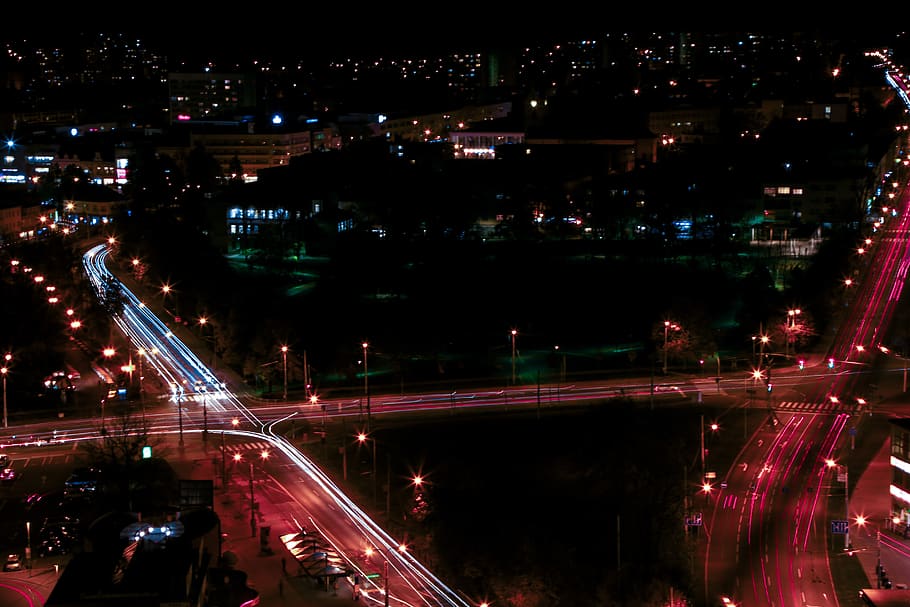 long exposure, night, city, zlín, city exposure, cars, architecture HD wallpaper
