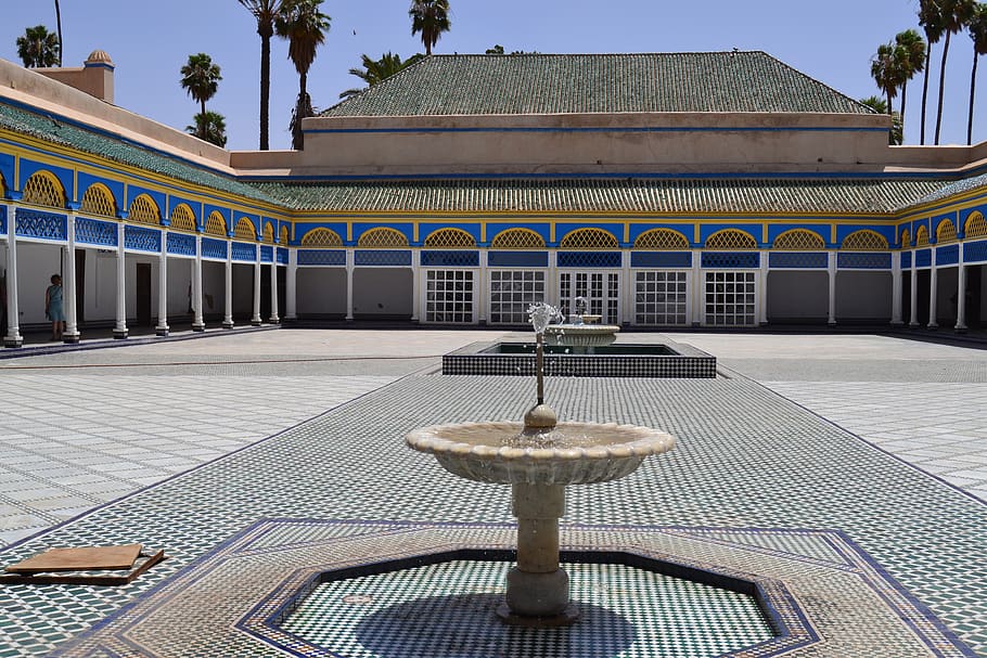 morocco, marrakech, palais de la bahiaa, palace, fountain, architecture
