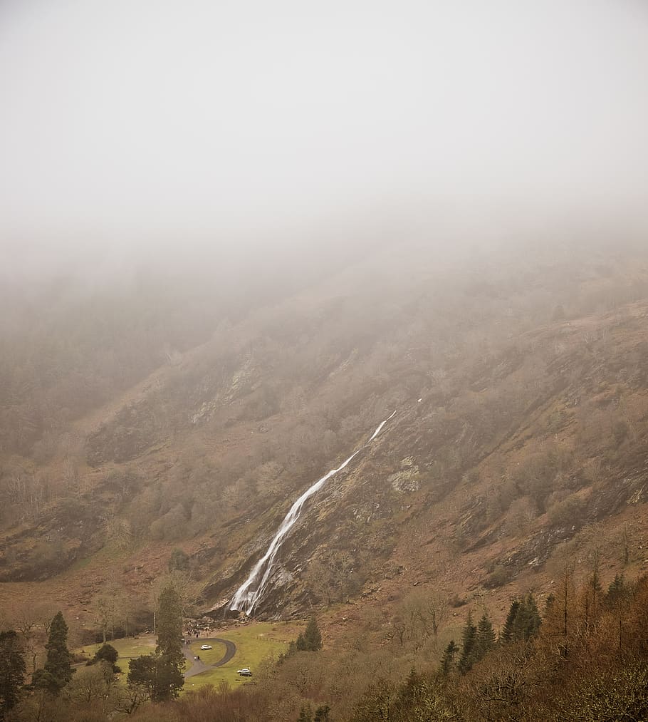 ireland, enniskerry, powerscourt waterfall, forest, trees, clouds, HD wallpaper