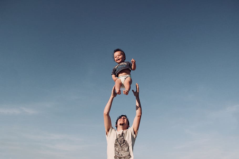 man, throw, child, blue, sky, smile, happy, toddler, boy, baby HD wallpaper