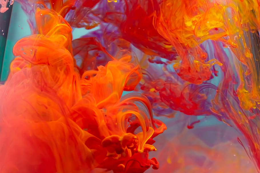 paint in water, orange color, multi colored, no people, motion HD wallpaper