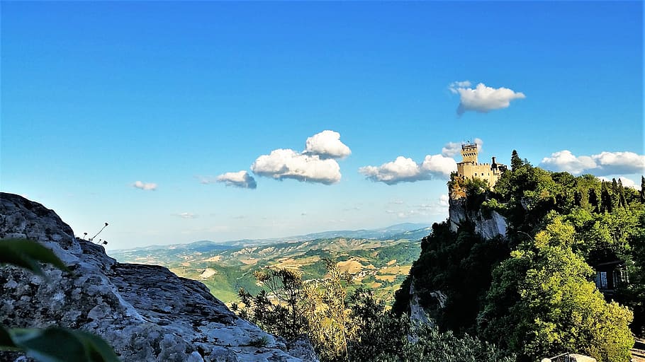 san marino, clouds, mountain, trees, sky, castle, wallpaper HD wallpaper