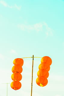 orange hanging lantern under blue sky, ball, balloon, china, chinese HD wallpaper