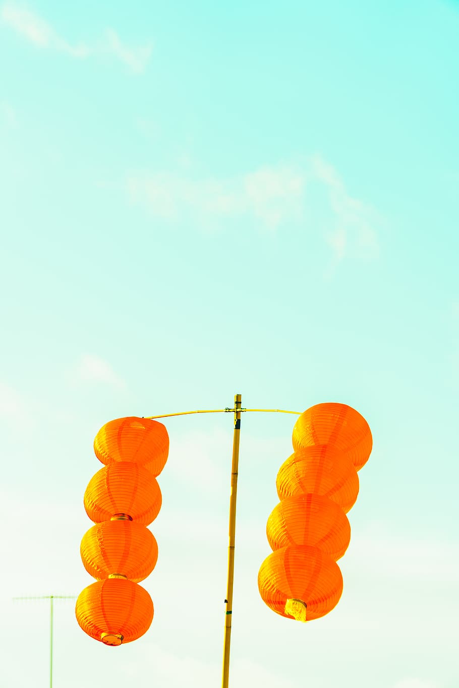 orange hanging lantern under blue sky, ball, balloon, china, chinese, HD wallpaper