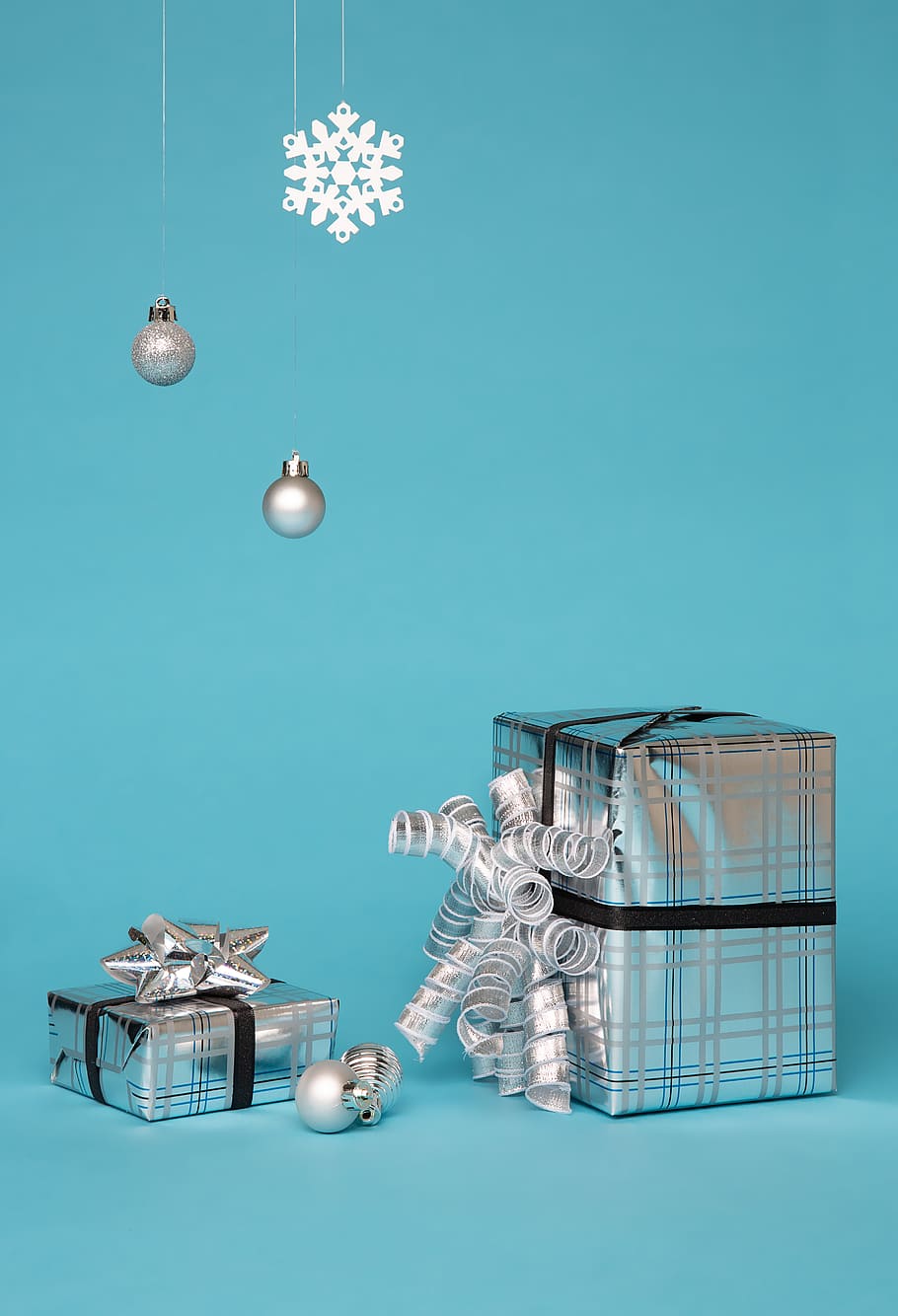 Photo of Two Silver Giftbox, background, blue, blue background HD wallpaper
