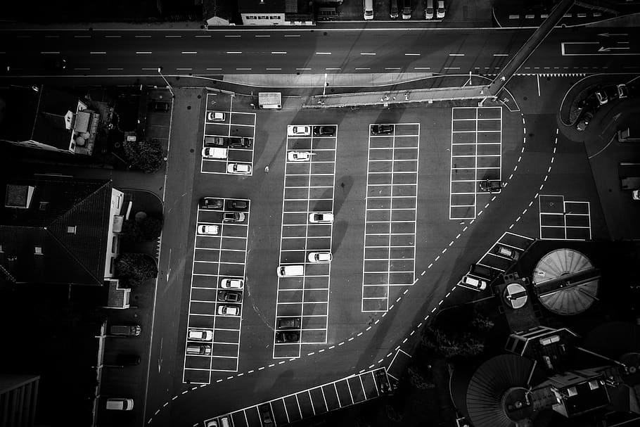 aerial photo of parking lot, handrail, banister, switzerland, HD wallpaper