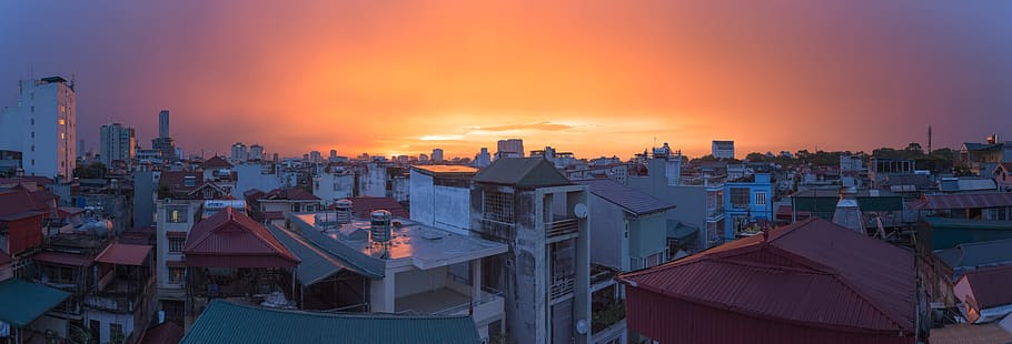 vietnam, hanoi, rooftops, sunset, clouds, city, architecture, HD wallpaper