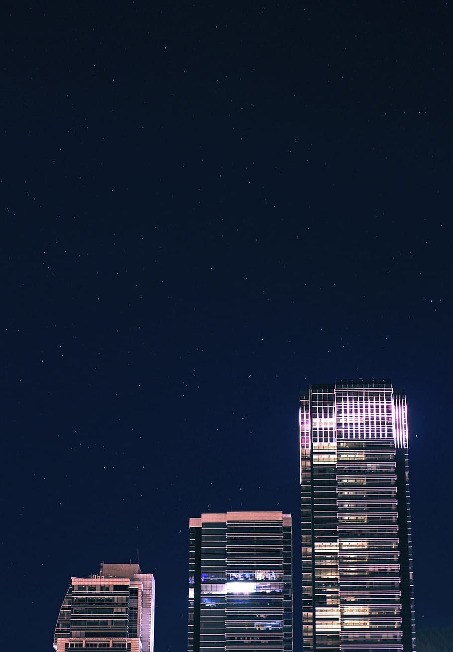 three high rise buildings, nature, outdoors, night, space, architecture HD wallpaper