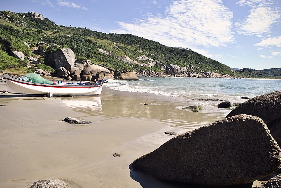 brazil, praia do gravatá, boat, sea, brasil, beach, florianopolis, HD wallpaper