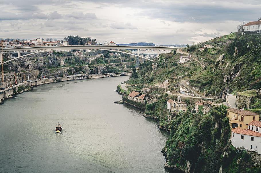 portugal, porto, luís i bridge, boat, hill, green, cloudy