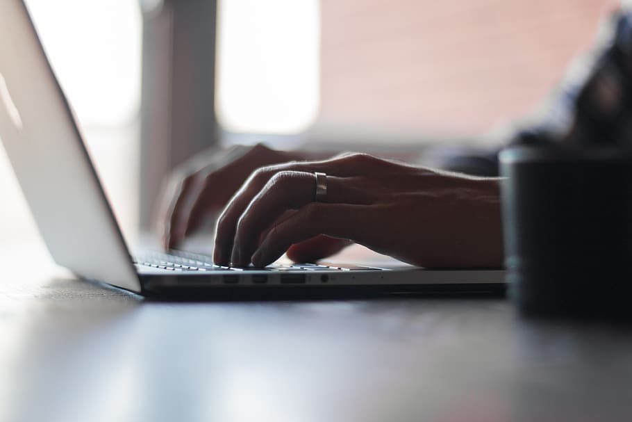 person using laptop, wireless technology, human hand, computer HD wallpaper