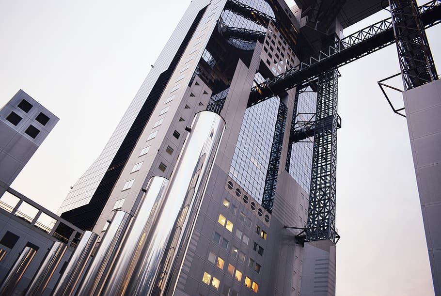 glass building under white sky, architecture, city, japan, osaka HD wallpaper