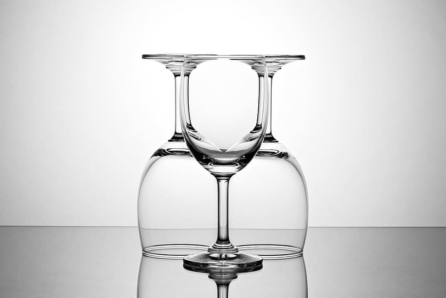 Three Clear Wine Glasses, clean, empty, light, reflection, symmetry HD wallpaper