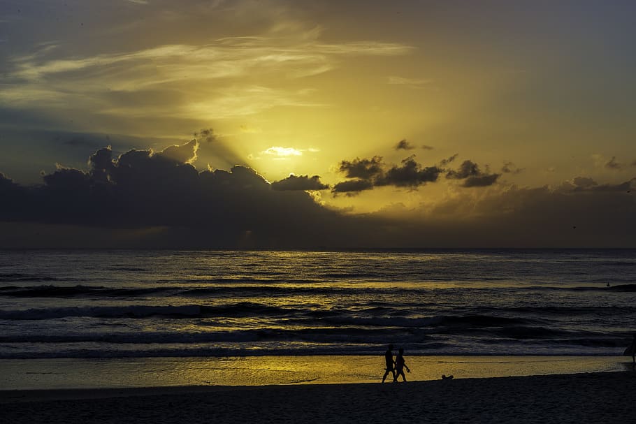 sunrise, ocean, beach, clouds, water, sky, sunset, land, sea HD wallpaper